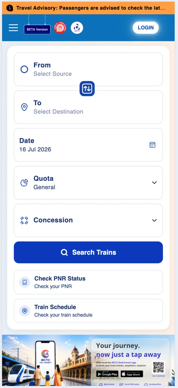 Open the new IRCTC booking portal. Tap From to pick your boarding station.