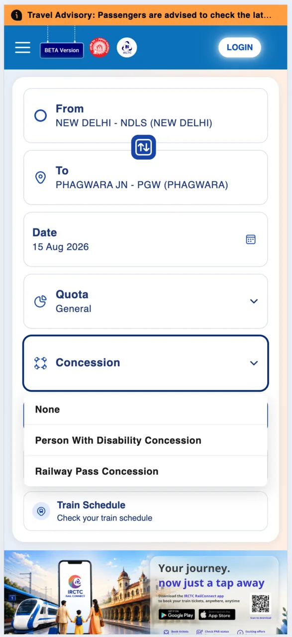 Choose a Concession if one applies to you, then tap Search Trains.