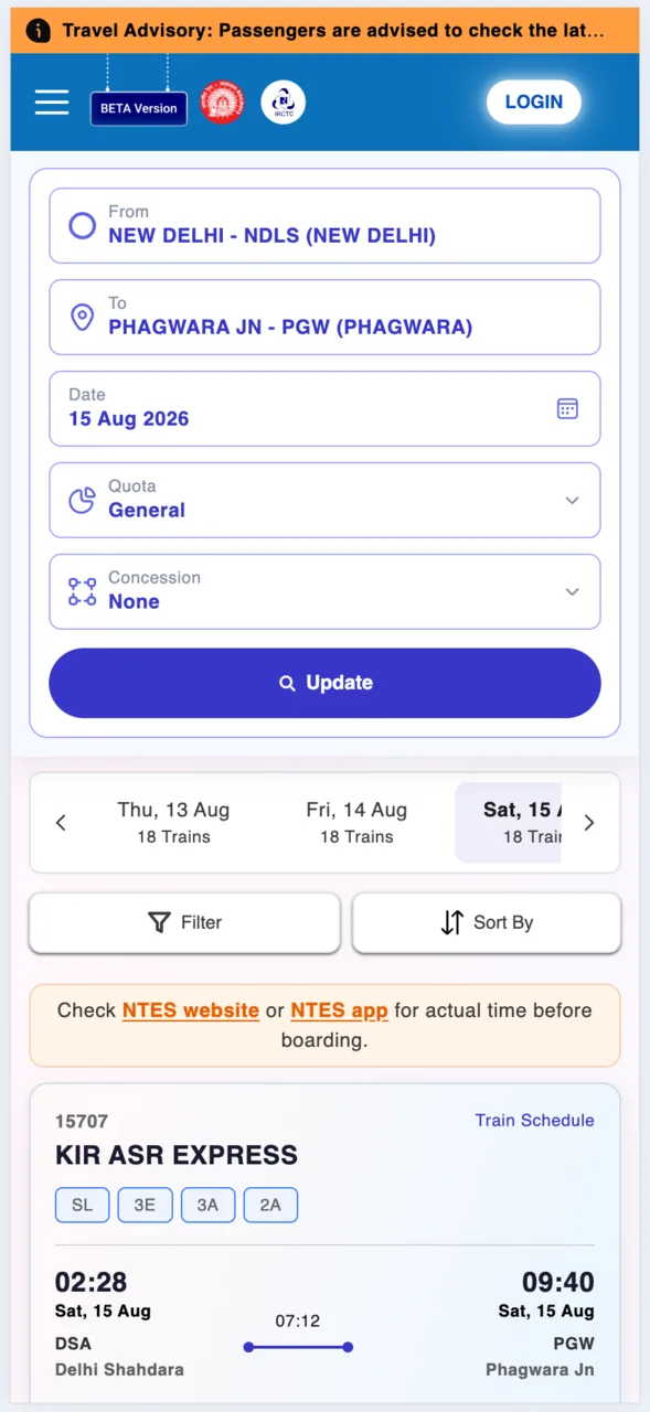 All trains on your route appear. Use the date strip to check nearby days.