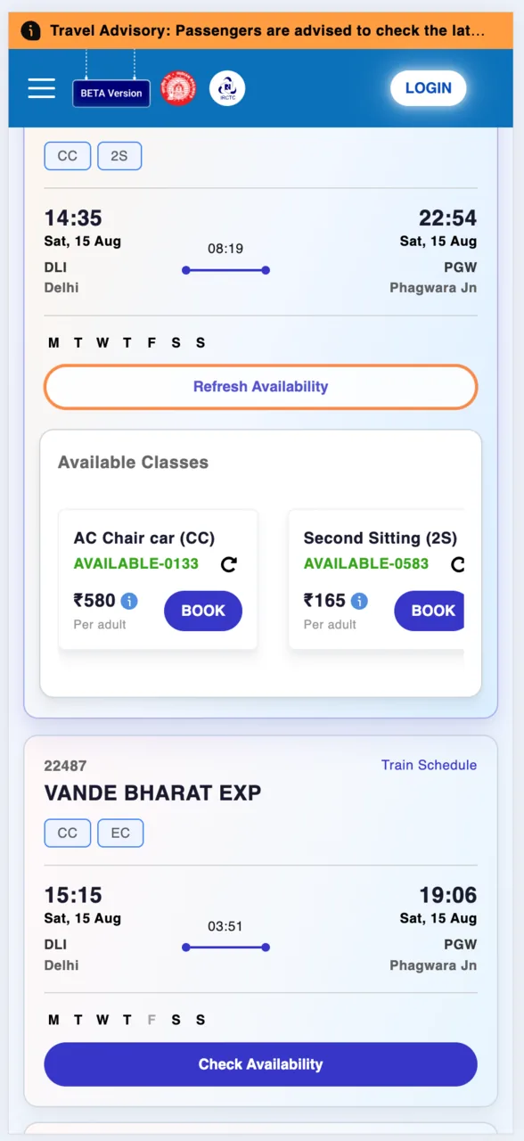 Tap Check Availability to see each class, its fare and free seats. Tap BOOK.