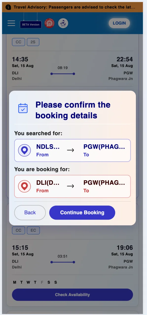 If the train starts from a nearby station, IRCTC asks you to confirm. Tap Continue Booking.
