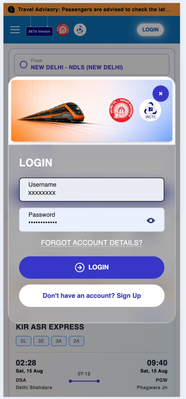 Sign in with your IRCTC username and password.