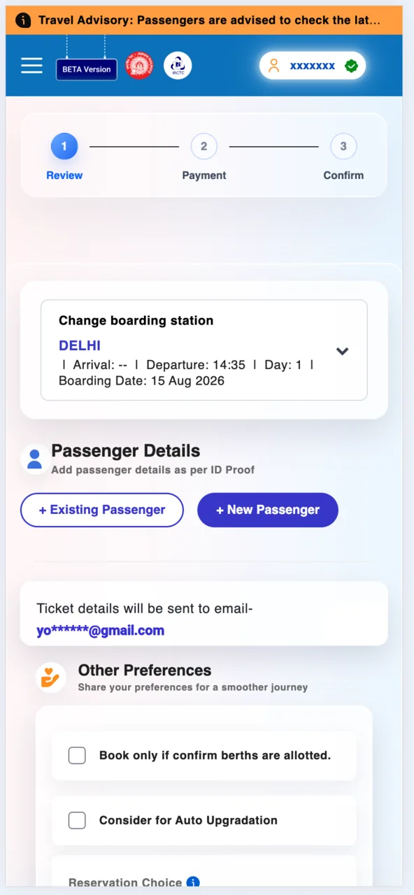 Check the boarding station, then tap + New Passenger.