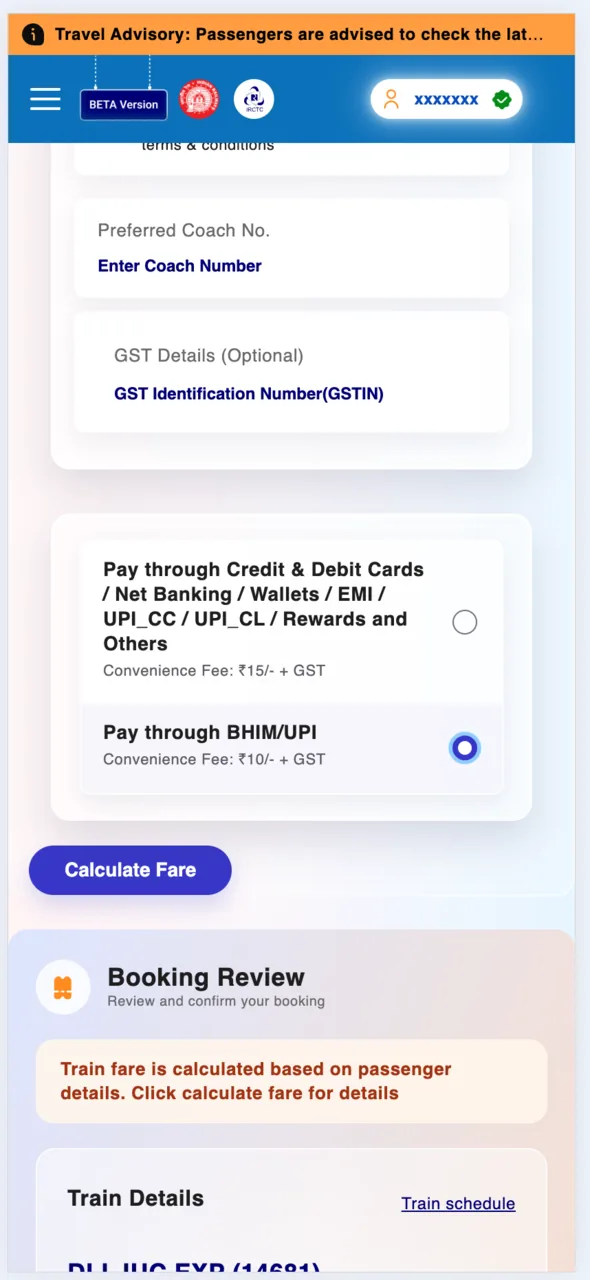 Choose BHIM/UPI — its convenience fee is ₹10 instead of ₹15. Tap Calculate Fare.