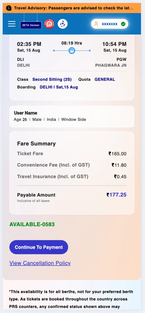 Check the full fare breakup, then tap Continue To Payment.