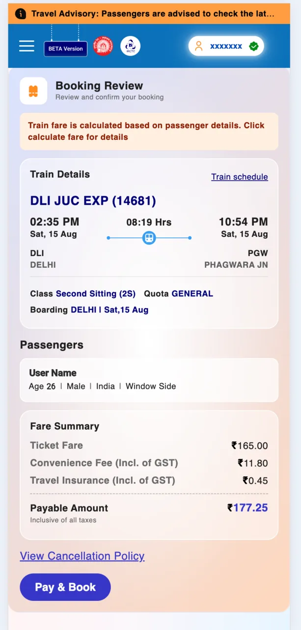 Give the booking one last look, then tap Pay & Book.
